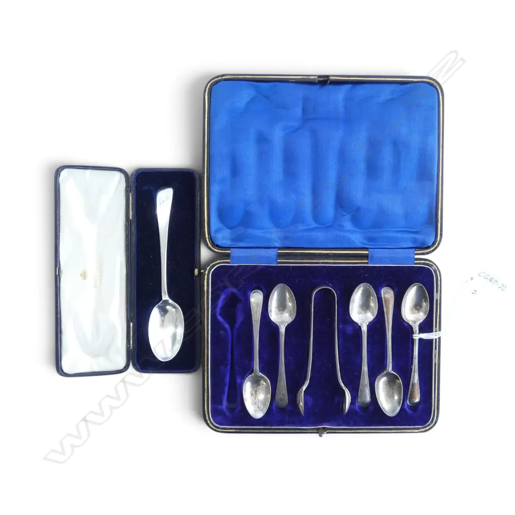 BOXED TEASPOON SET ONE MISSING TOTAL WEIGHT: 106gms  + STG SILVER SPOON 26gms. Total 132gms Image 1++