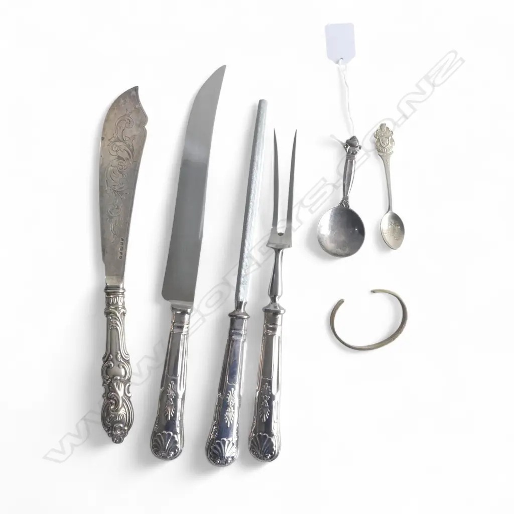 925 SILVER CUFF BANGLE, GEORG JENSEN SPOON 58grms + 4 PCE EP CARVING SET & ROLEX TEASPOON Image 1++