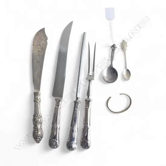925 SILVER CUFF BANGLE, GEORG JENSEN SPOON 58grms + 4 PCE EP CARVING SET & ROLEX TEASPOON