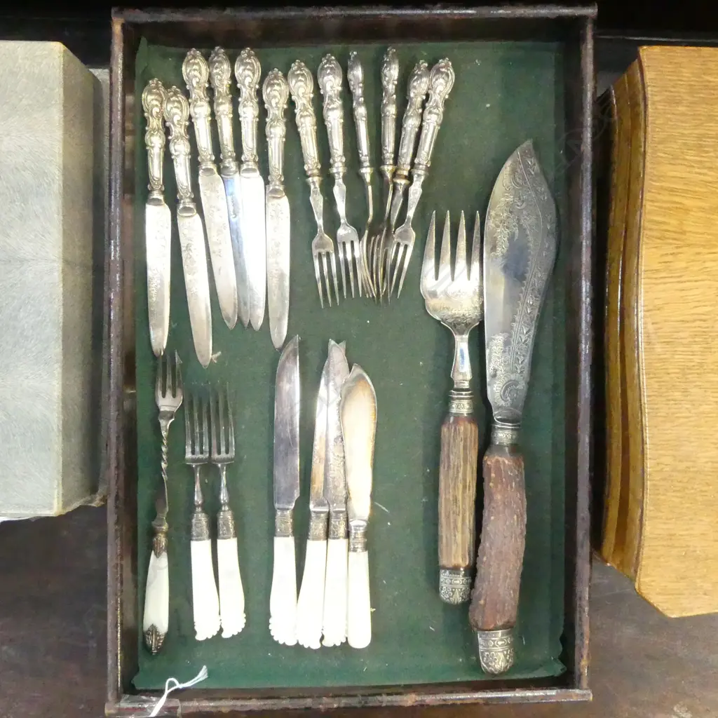 TRAY OF S/SILVER HANDLED FRUIT KNIVES & FORKS MOP HANDLED KNIVES & FORKS & PR STAG HORN HANDLED SERVERS Image 1++