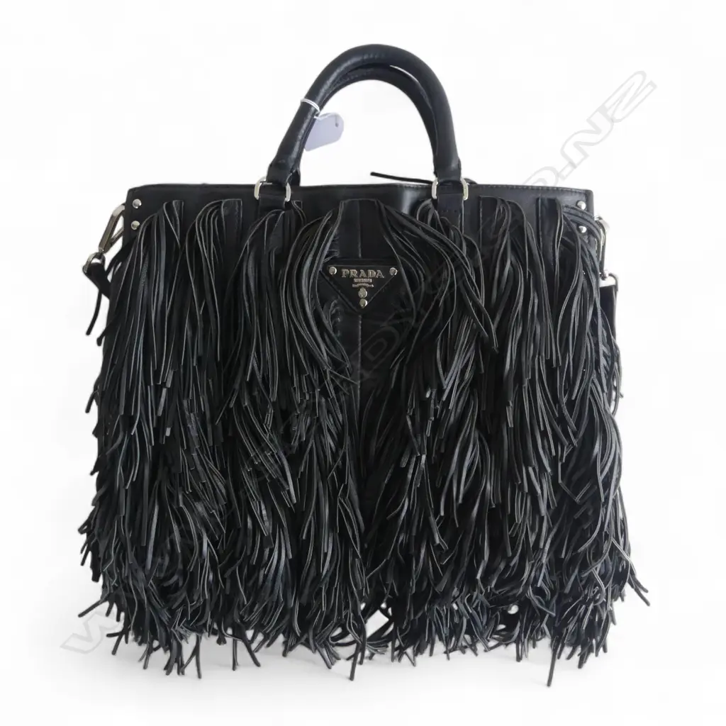 PRADA BLACK LEATHER FRINGED HANDBAG. With dust cover bag Image 1++