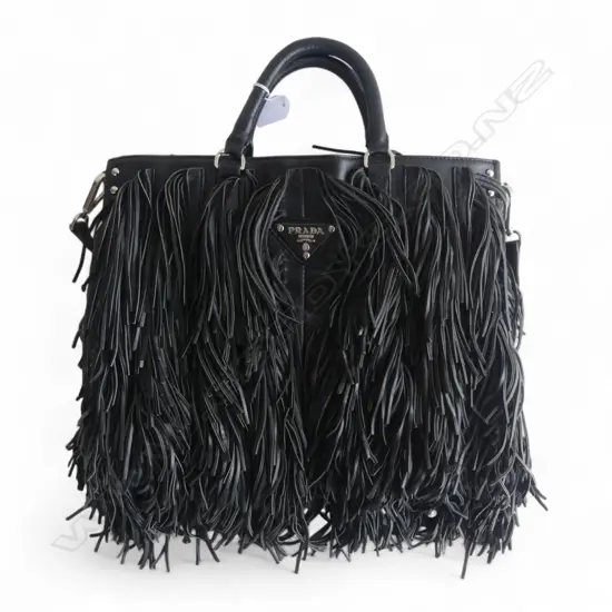 PRADA BLACK LEATHER FRINGED HANDBAG. With dust cover bag
