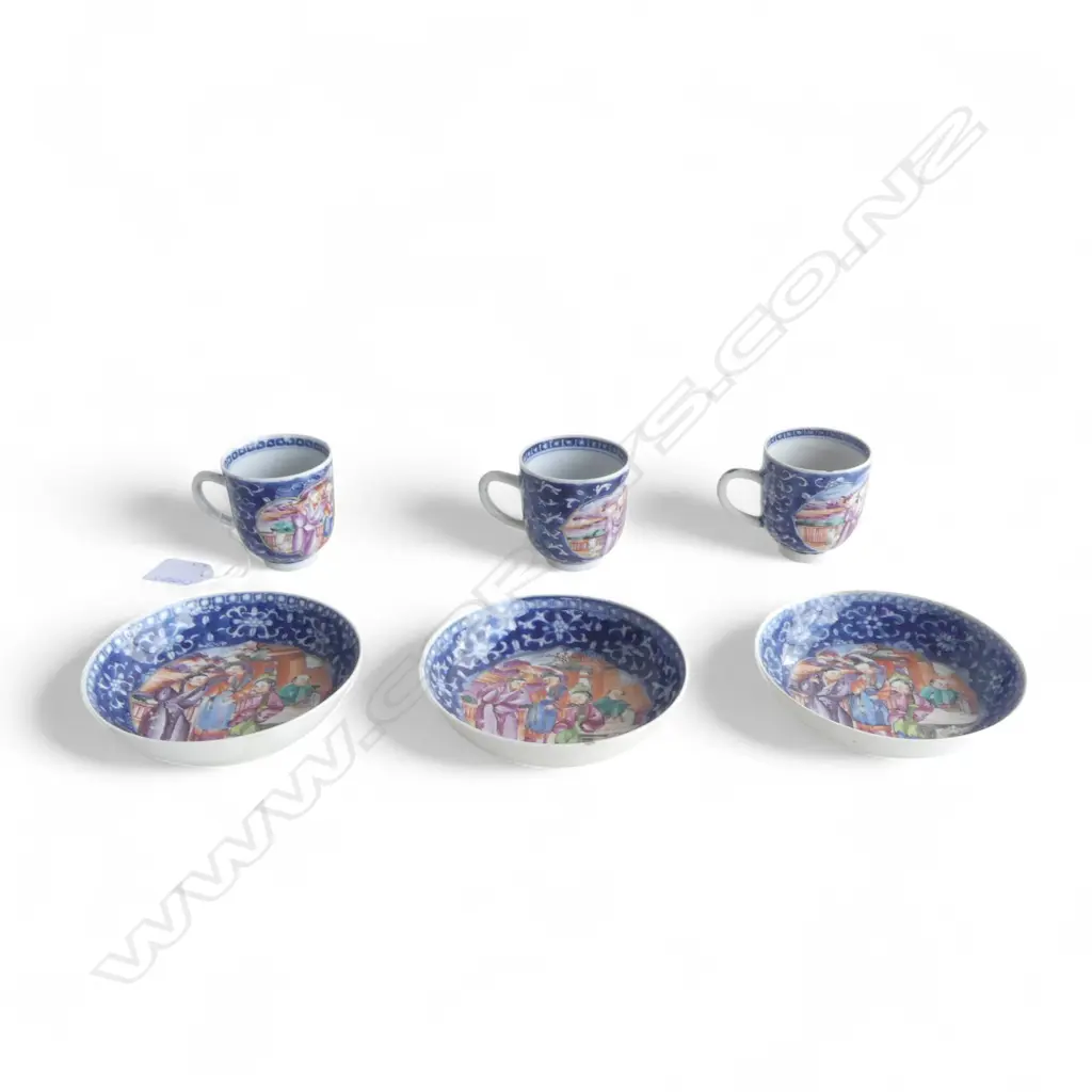 3 OLD CHINESE EXPORT CUPS & SAUCERS some small chips commensurate with age Image 1++