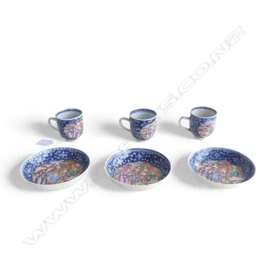 3 OLD CHINESE EXPORT CUPS & SAUCERS some small chips commensurate with age