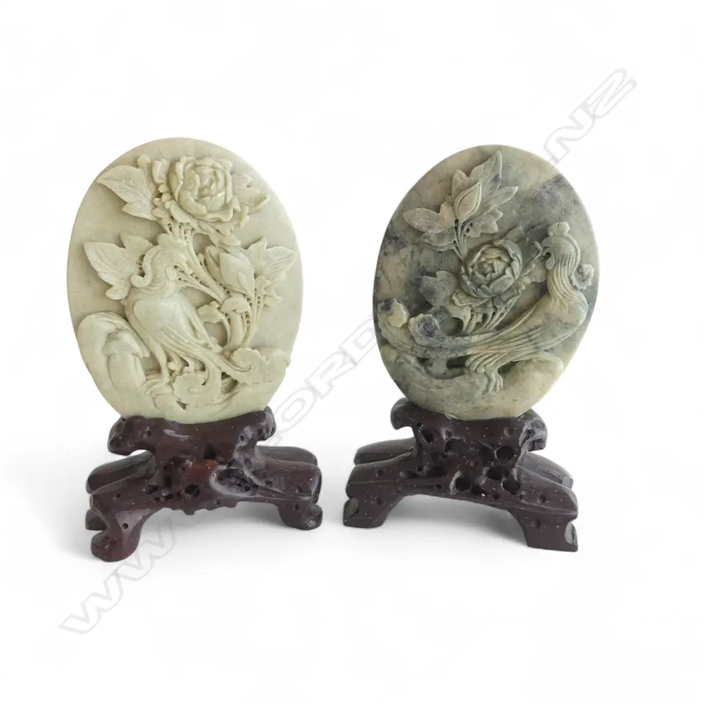 PR VINTAGE CHINESE SOAPSTONE DISC CARVINGS ON SOAPSTONE BASES H210MM Image 1++