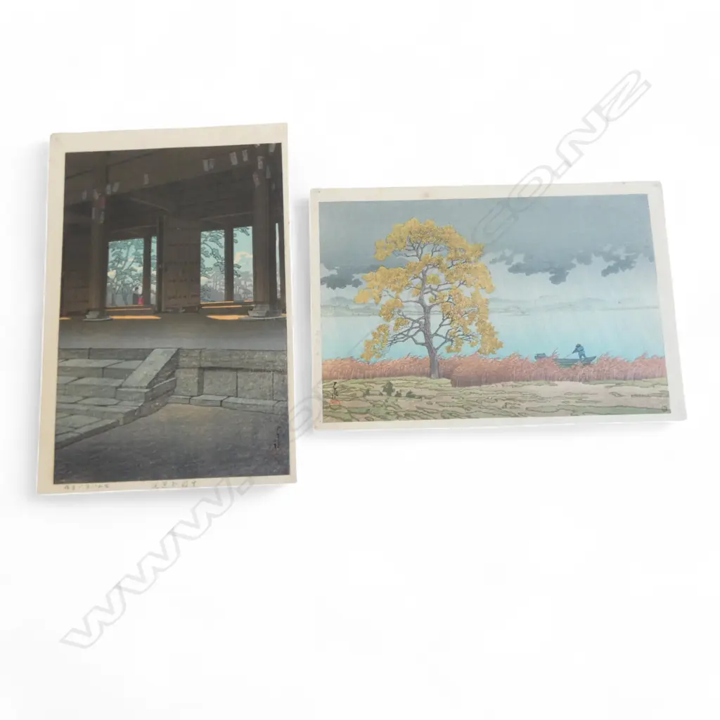 2 SHIN-HANGA PRINTS by HASUI KAWASE 'TEMPLE GATE CHION-IN KYOTO' & 'RAIN BY THE LAKESIDE' 265x395mm Image 1++