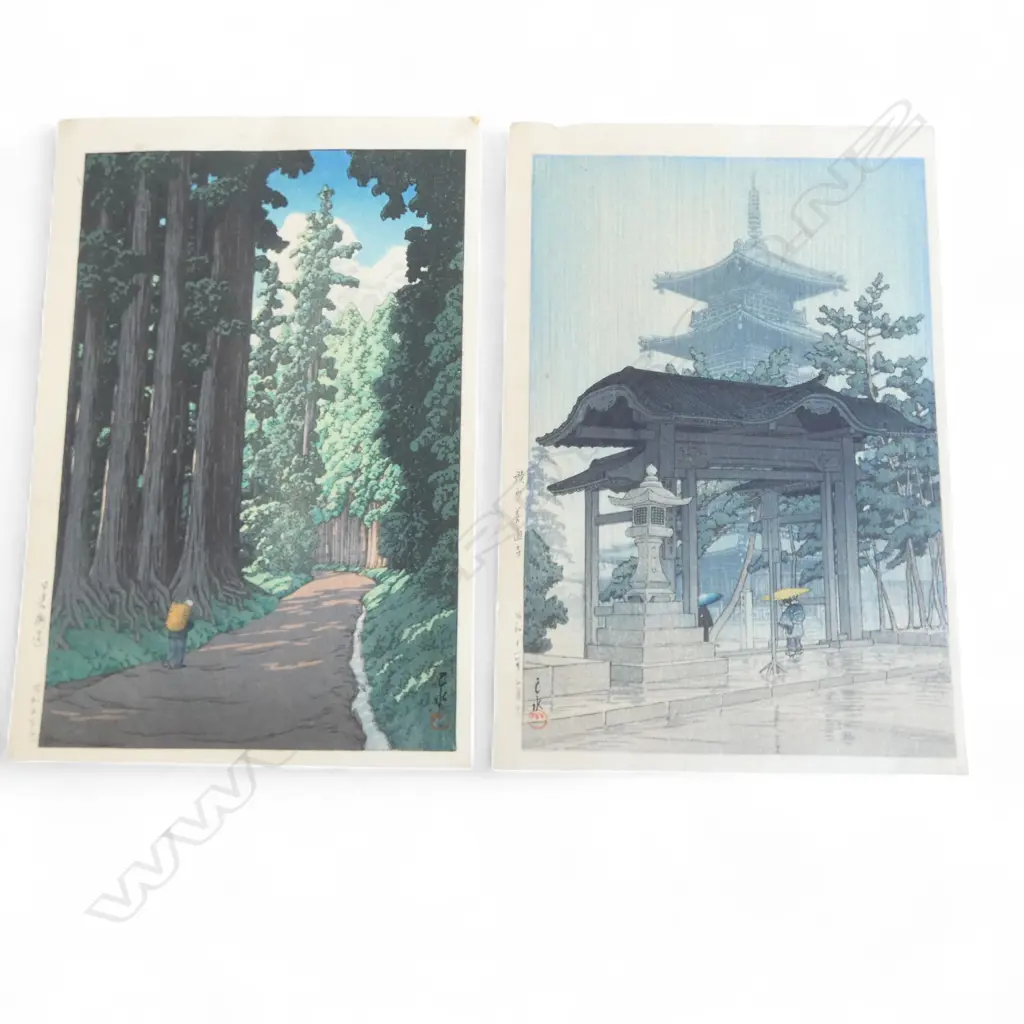 2 SHIN-HANGA PRINTS by HASUI KAWASE 'ZENTSUJI TEMPLE IN RAIN' & 'CRYPTOMERIA AVENUE TO NIKKO' 395x265mm Image 1++