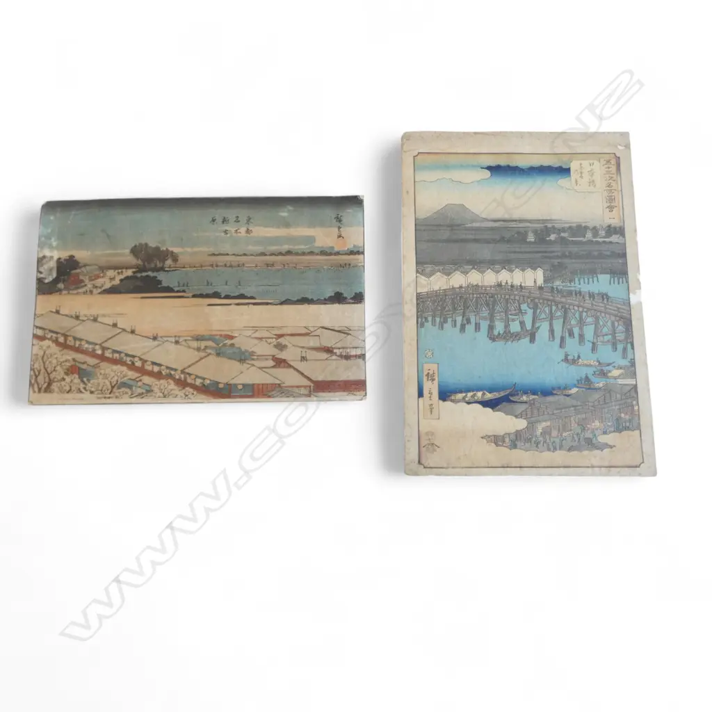 2 19thC UKIYO-E by HIROSHIGE; No.1 NIHONBASHI VIEW OF DAWN CLOUDS & SHIJO GAWARA YASUZUMI RIVER BED AT SHIJO, 370x255mm Image 1++