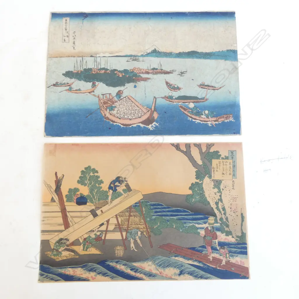 2 19thC UKIYO-E by HOKUSAI; TSUKUDA ISLAND & 100 POEMS EXPLAINED BY THE NURSE, 250x370mm Image 1++