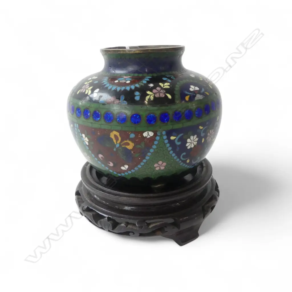 JAPANESE CLOISONNE BOWL sitting on 3 sml feet, w STAND, H.100mm Image 1++