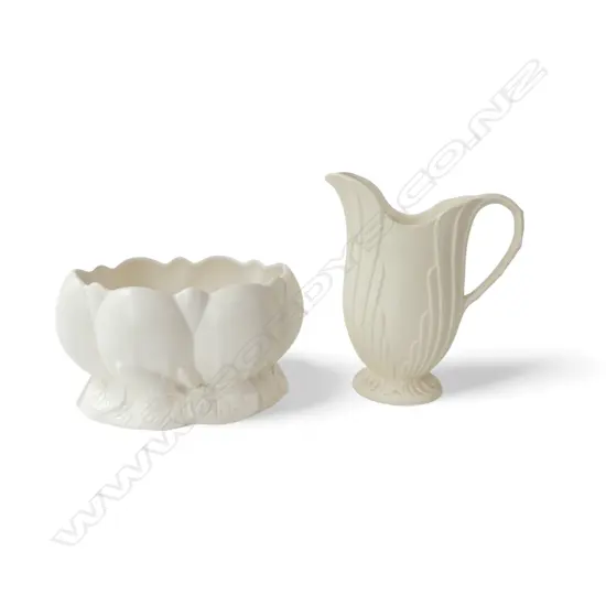 2 WHITE NZ CERAMICS; ROYDON JUG H.210mm, FLAIR ART POTTERY LILY BOWL #360 W.215mm both w. hairlines