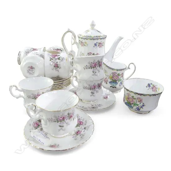 3PC GROVERNOR COFFEE SET & 8 R/A LAVENDER ROSE PAT COFFEE CANS & SAUCERS 