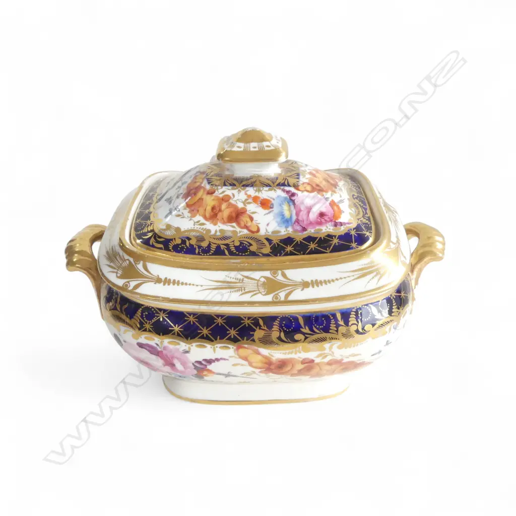 19thC POSSIBLY COALPORT LIDDED SUGAR BOX painted floral swags & birds. Gilded. L.165mm Image 1++