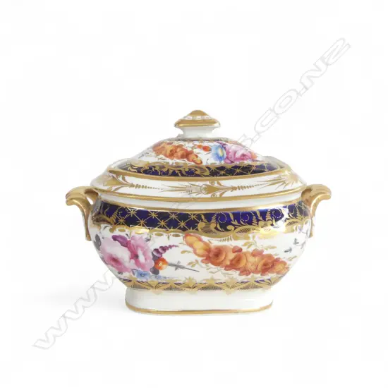 19thC POSSIBLY COALPORT LIDDED SUGAR BOX painted floral swags & birds. Gilded. L.165mm