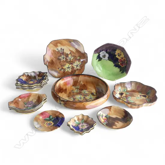 17 PCES TUNSTALL CHINA; VIOLA, IRIS, FANTASY, AUTUMN TINTS ETC, LARGEST 290mm dia