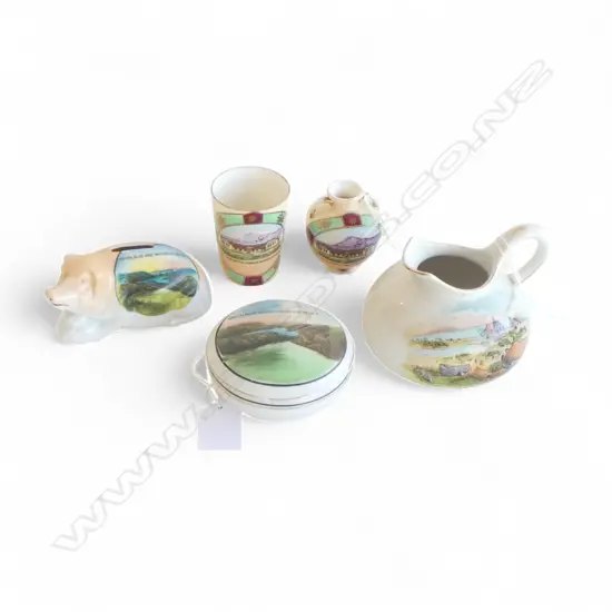5 PCES. N.Z. SOUVENIR CHINA; 2 OF THE NEW NORTH MT EGMONT MOUNTAIN HOUSE, 2 OF GREEN BLUE ROTORUA LAKES + OHINEMUTU JUG
