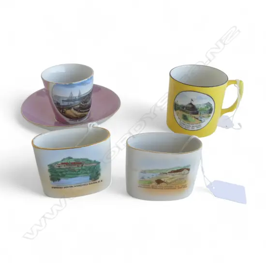 4 PCES. N.Z. SOUVENIR CHINA; LAMBTON QUAY, PIPIRIKI HOUSE WANGANUI, NAPIER BREAKWATER & DUNEDIN EXHIBITION 1925-26