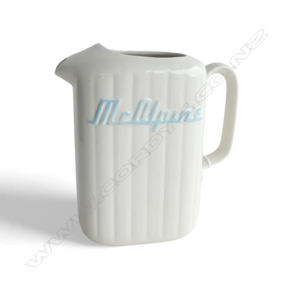 CROWN LYNN MCALPINE JUG WHITE w. BLUE LETTERING H.210mm Image 1++