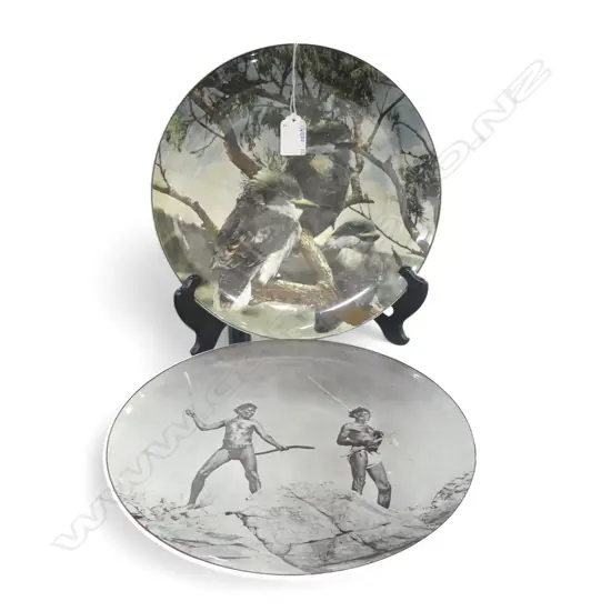 2 ROYAL DOULTON CABINET PLATES Dia.270mm; ABORIGINES WITH HUNTING WEAPONS + YOUNG KOOKABURRAS 