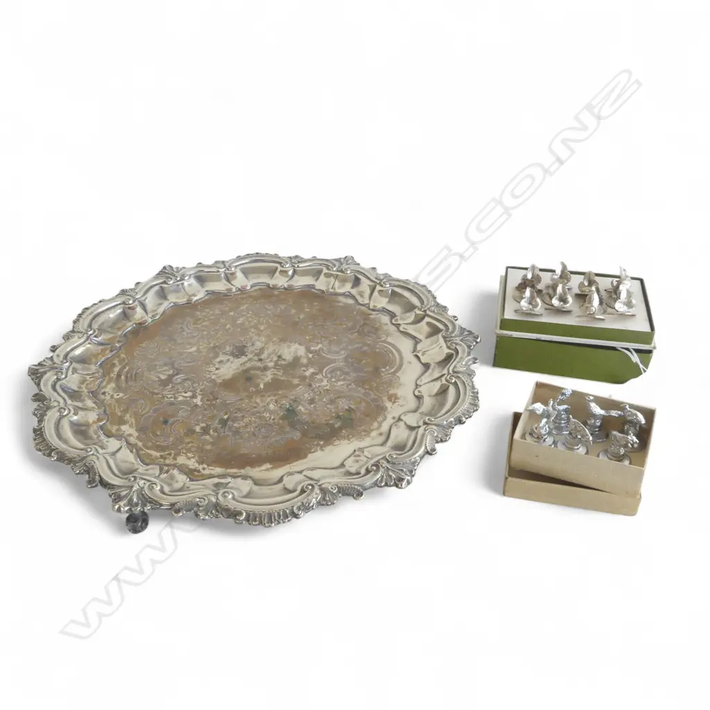 SHEFFIELD PLATE DRINKS TRAY DIA370MM & 2 EP SETS PLACE SETTING MARKERS Image 1++