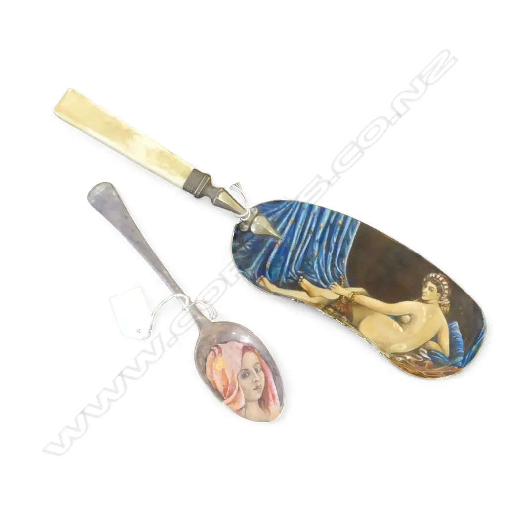 CAROLYN MCCONDACH A PAINTED SILVER SPOON & ANTIQUE CRUMB CATCHER WITH HAND PAINTING AFTER INGRES  Image 1++