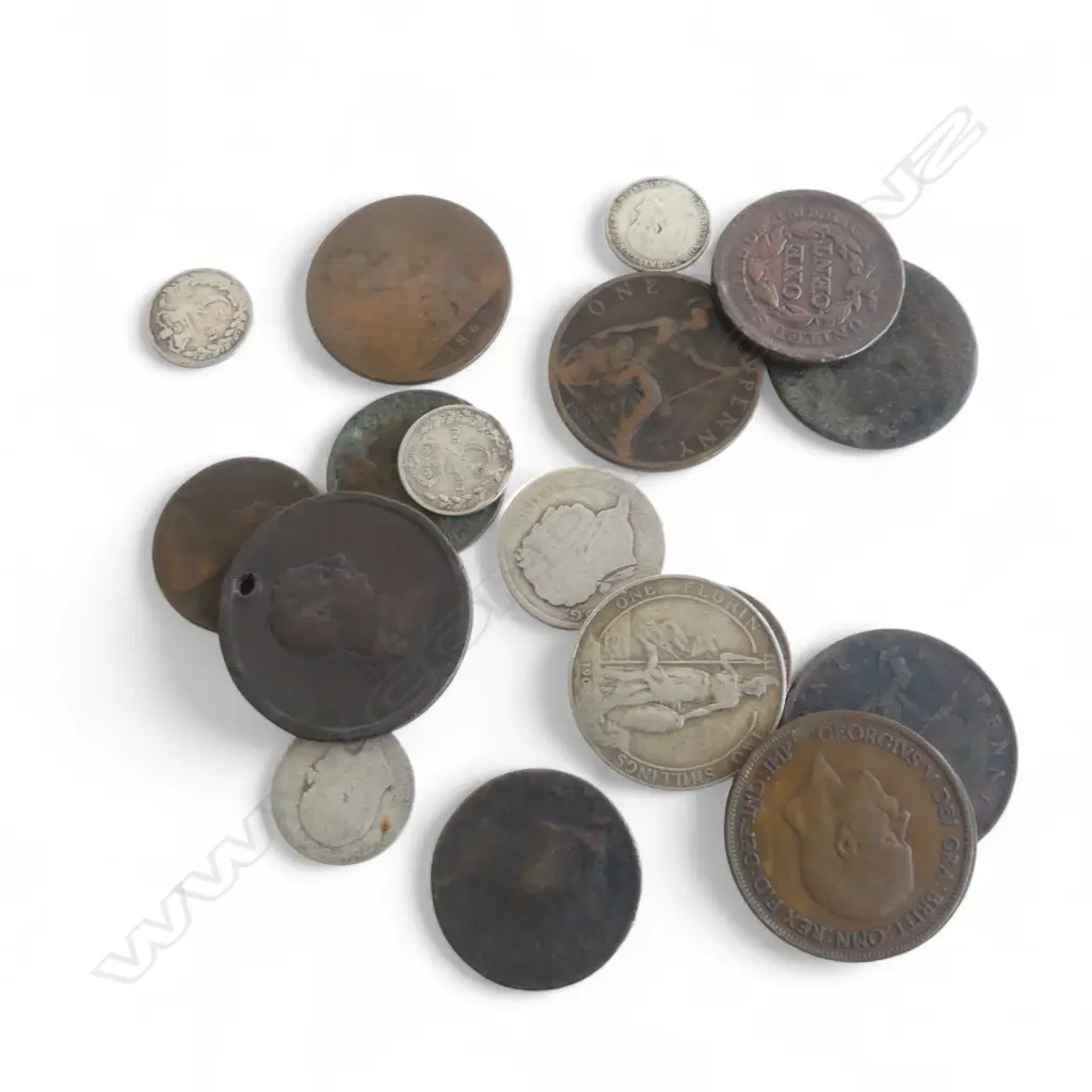 ASST. ANTIQUE COINS INCLUDING IRISH 1769 HALF PENNY Image 1++