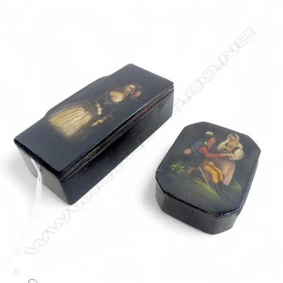 2 GEO.III BLACK LACQUER DECORATED SNUFF BOXES: painted lids w maiden & courting couple