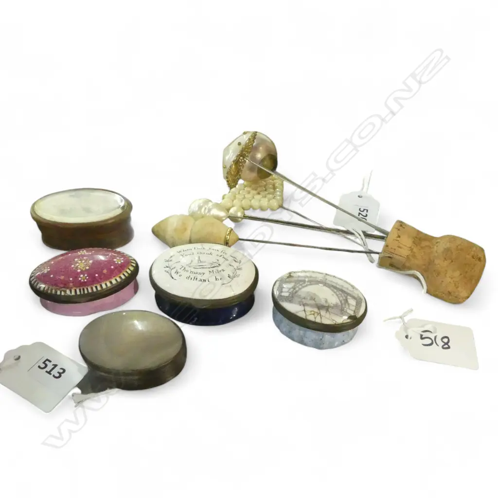 5 OLD PATCH BOXES of various materials, some faults + 6 OLD HAT PINS Image 1++