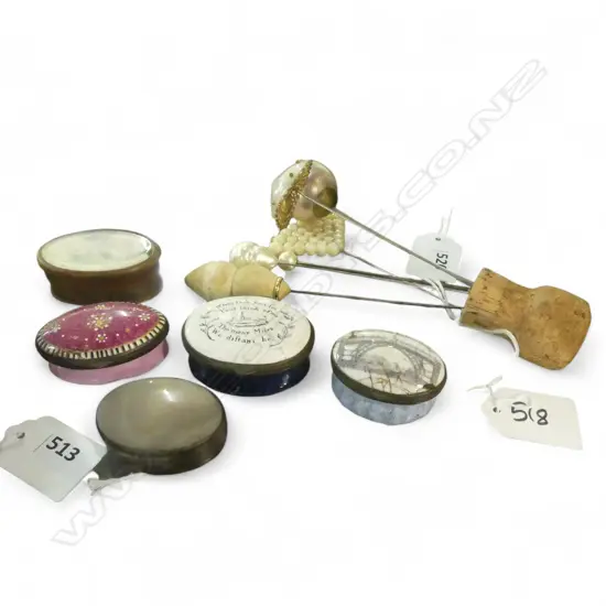 5 OLD PATCH BOXES of various materials, some faults + 6 OLD HAT PINS