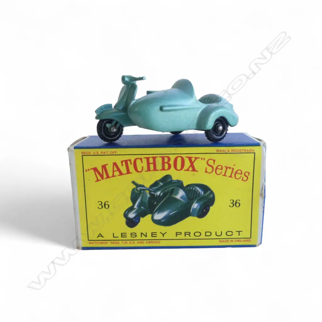 BOXED MATCHBOX SERIES MODELS in original box; #36 MOTOR SCOOTER AND SIDECAR Image 1++