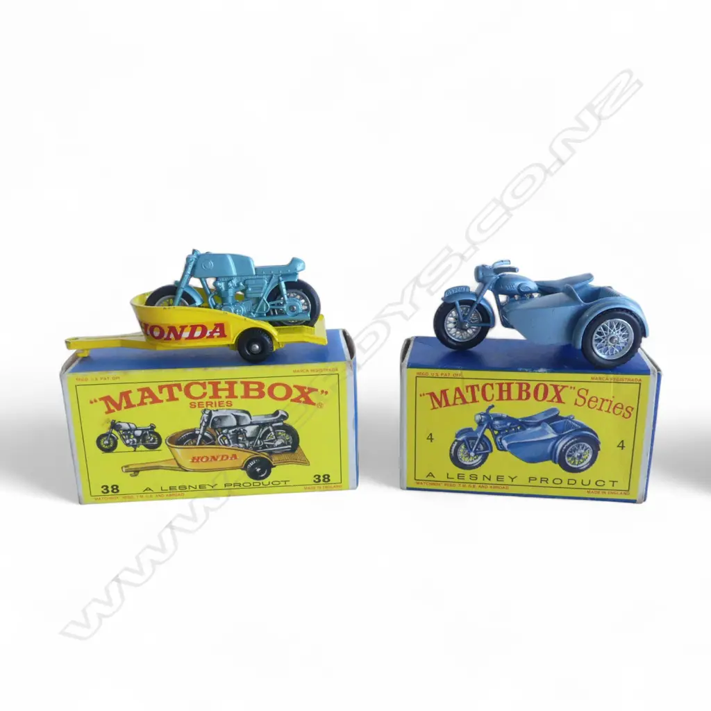 2 BOXED MATCHBOX SERIES MODELS in their original boxes; #4 TRIUMPH MOTORCYCLE AND SIDECAR + #38 HONDA M/CYCLE & TRAILER Image 1++
