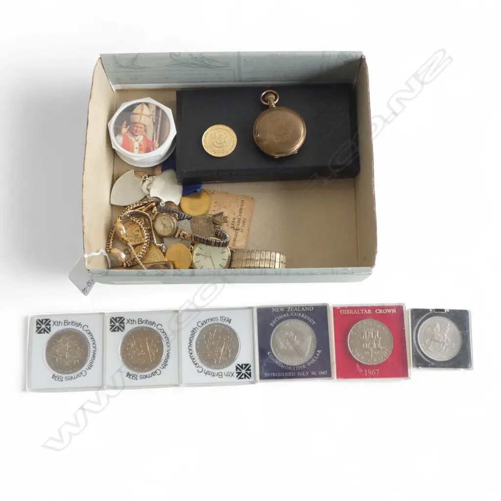 ASST. COMMEMORATIVE COINS, MASONIC MEDALS, VINTAGE WATCHES & PLATED WATCH CASE Image 1++