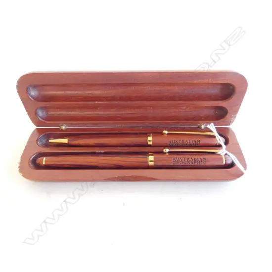AUSTRALIAN GEOGRAPHIC PEN SET in wooden case + SILVER PLATE JEWELLERY BOX & 2 PR EARRINGS