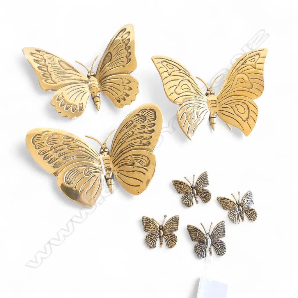 3 BRASS BUTTERFLY ORNAMENTS L.100mm + 4 SMALLER L.30mm Image 1++