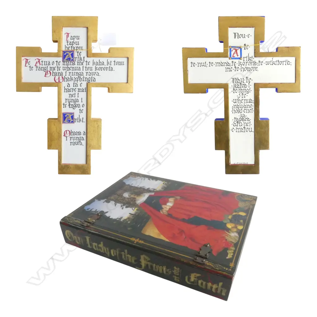 CAROLINE MCCONDACH TWO HAND PAINTED CRUCIFIXES AND A DECORATIVE BOOK SHAPED BOX Image 1++