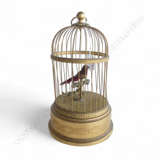 ANTIQUE FRENCH GILDED CAGED CLOCKWORK BIRD - FLAPS TAIL, MOVES BEAK & HEAD BUT NO SOUND H.270mm