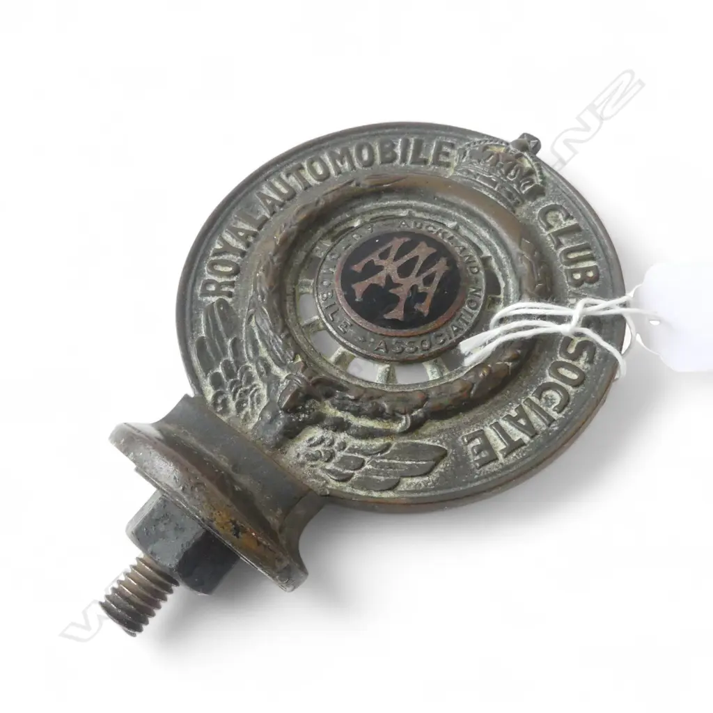 OLD AUCKLAND AUTOMOBILE ASSOCIATION CAR BADGE. Chromed brass + black enamel #N8383. H.115mm not including bolt Image 1++