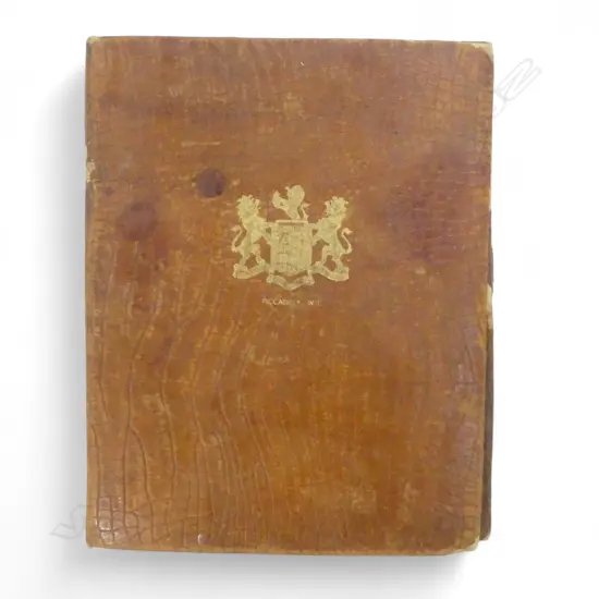VINTAGE 'RITZ HOTEL PICCADILLY LONDON' LEATHER WRITING FOLDER with gilt Coat of Arms 320 x 250mm showing age