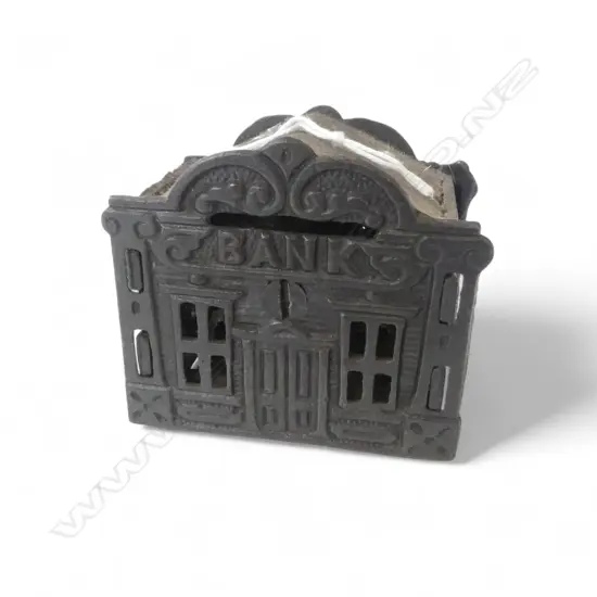OLD CAST IRON'BANK' STILL MONEY BANK. 2 piece with slot to top. W75mm.