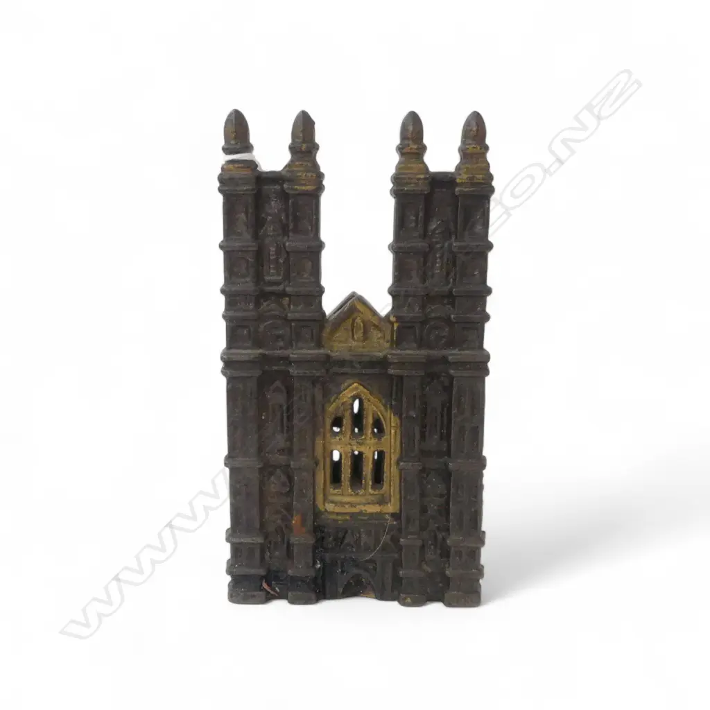 Victorian cast iron still money bank as Westminster Abbey. Original gilding. H.160mm. Image 1++
