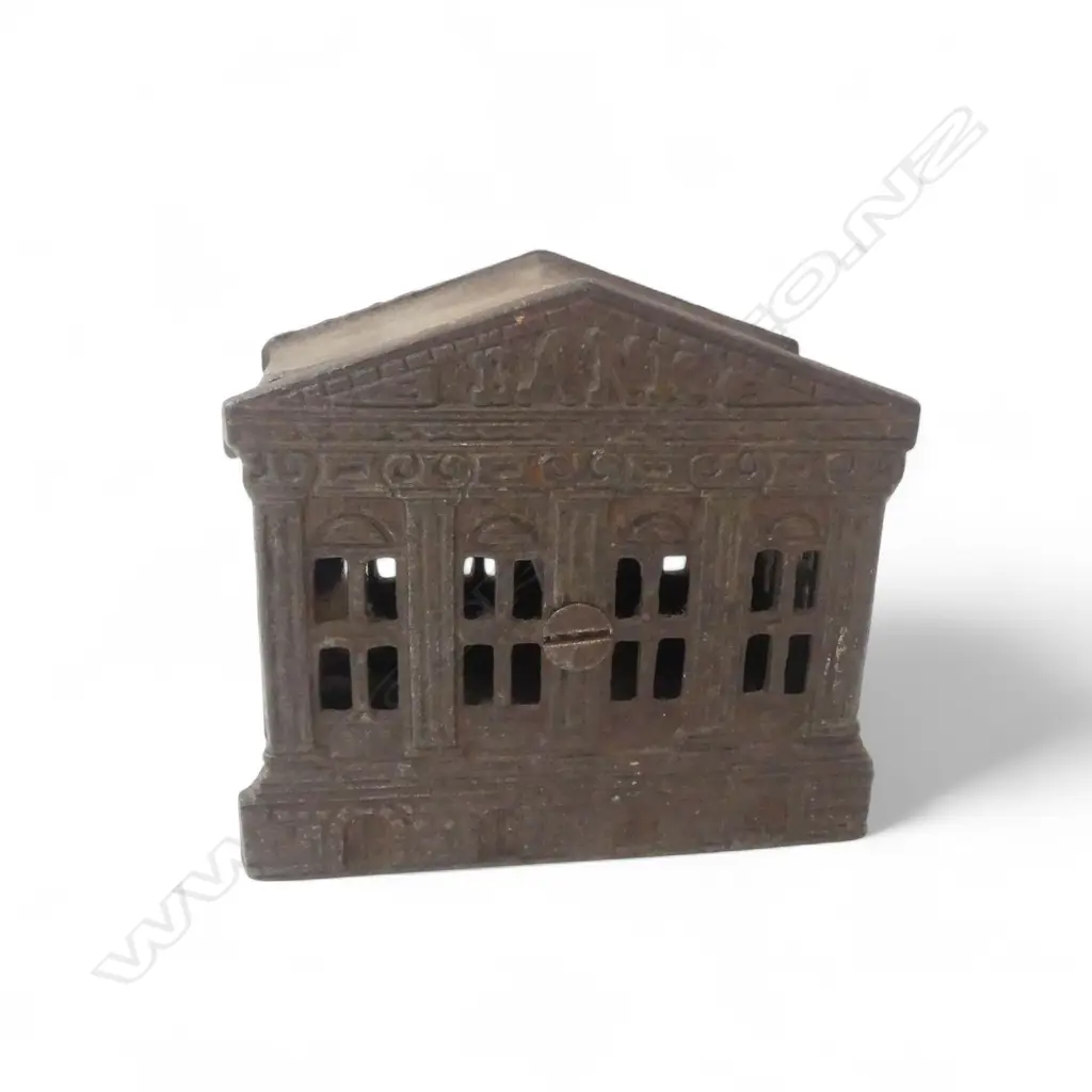 OLD CAST IRON'BANK' STILL MONEY BANK. 2 piece with slot to top. W95mm. Image 1++