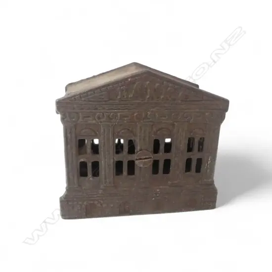 OLD CAST IRON'BANK' STILL MONEY BANK. 2 piece with slot to top. W95mm.