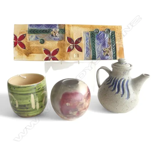 4 PCES STUDIO POTTERY; PLAQUE 465x155mm, LAWRENCE EWING POT H.125mm, VASE, TEAPOT