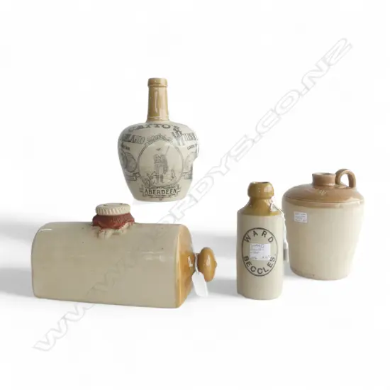 4 PCS VICTORIAN STONEWARE; MUFF WARMER, 2 WHISKEY CROCKS & WARD BECCLES BOTTLE 
