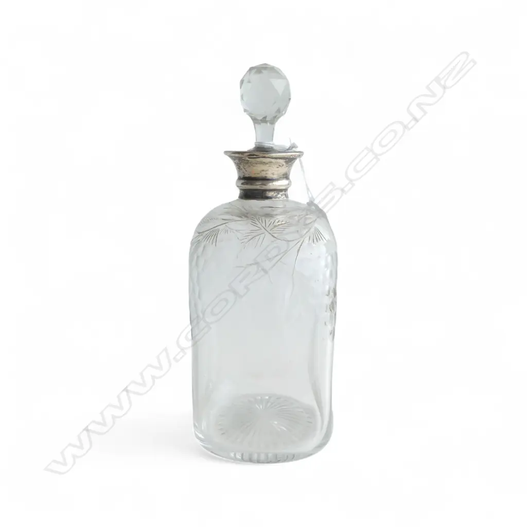 1920's SILVER & grape ENGRAVED CRYSTAL square DECANTER. Birmingham 1926 by Asprey & Co Ltd. H.245mm Image 1++