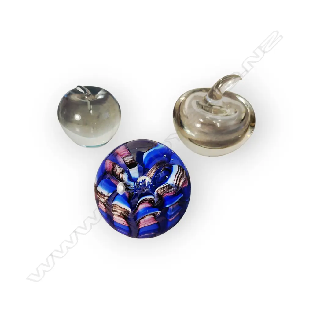 PINK AND BLUE-RIBBON PAPERWEIGHT PLUS VINTAGE GLASS CLEAR APPLE PAPERWEIGHT Image 1++