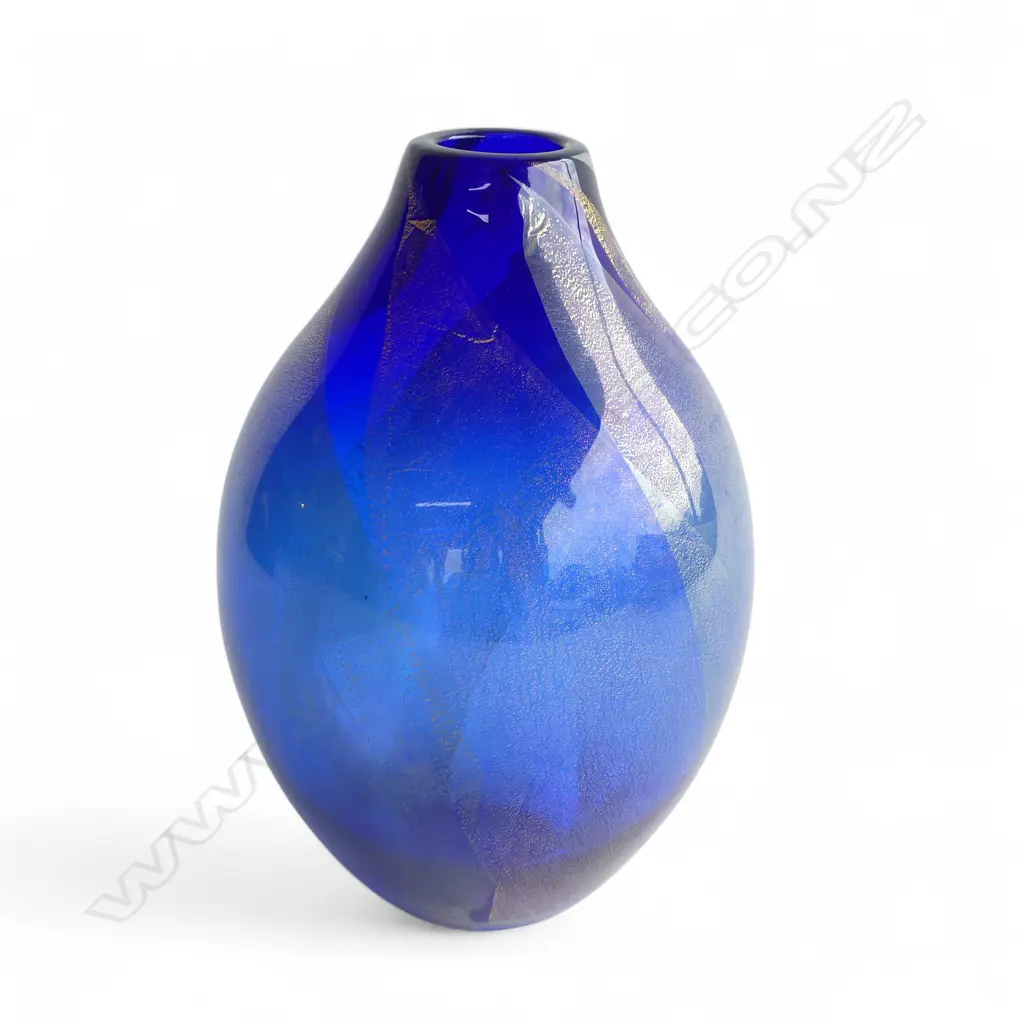 GARRY NASH BLUE GLASS VASE gold & silver leaf decoration, signed & dated '96 H.220mm Image 1++
