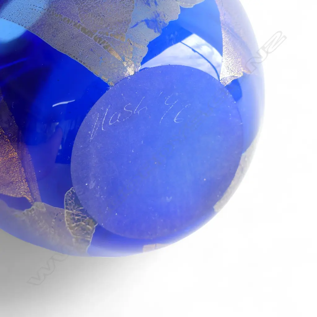 GARRY NASH BLUE GLASS VASE gold & silver leaf decoration, signed & dated '96 H.220mm Image 1++