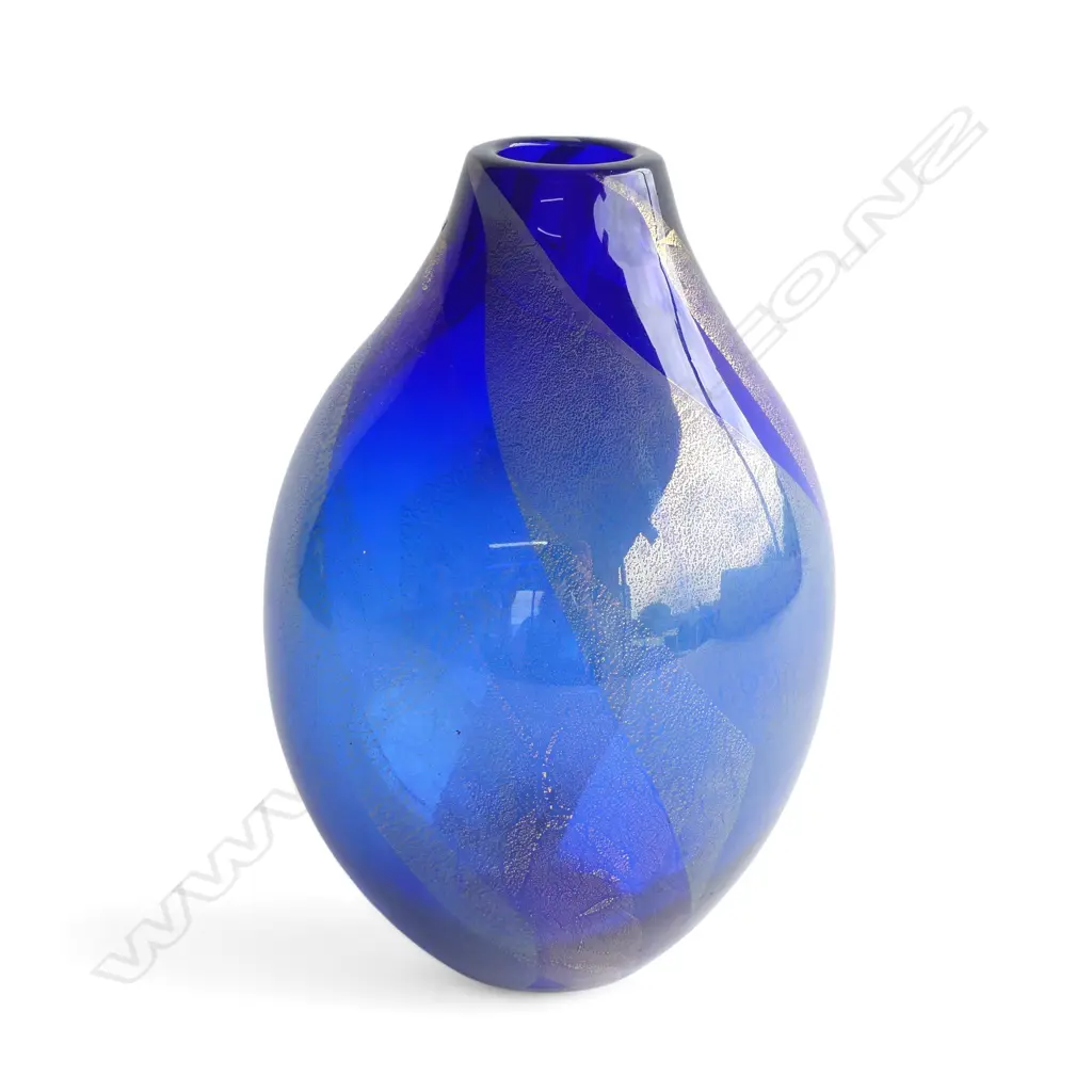 GARRY NASH BLUE GLASS VASE gold & silver leaf decoration, signed & dated '96 H.220mm Image 1++