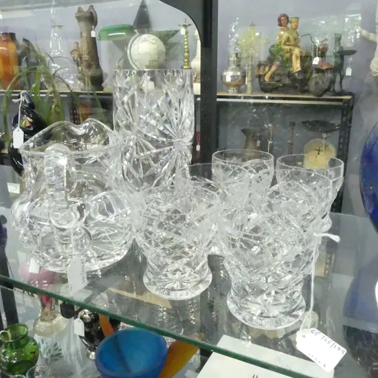 CUT CRYSTAL VASE H215MM MATCHING CRYSTAL JUG H160 & 6 LARGE WISKEY GLASSES